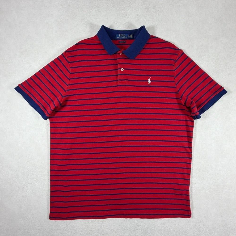 Polo Ralph Lauren Mens XL Classic Fit Red White Blue Striped Short Sleeve Polo